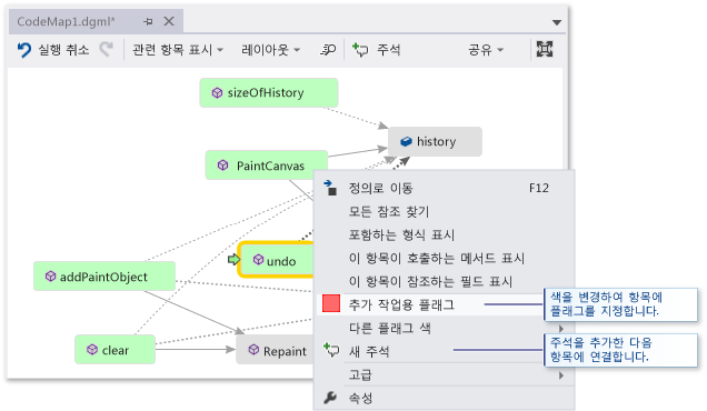 코드 맵 - 추가 작업을 위한 주석 및 플래그 항목