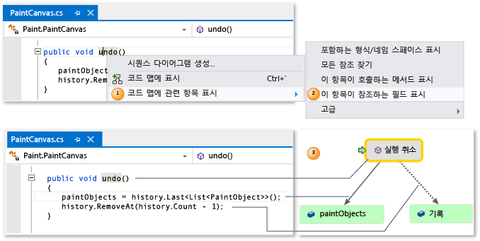 코드 맵 - 메서드 및 관련 필드 표시