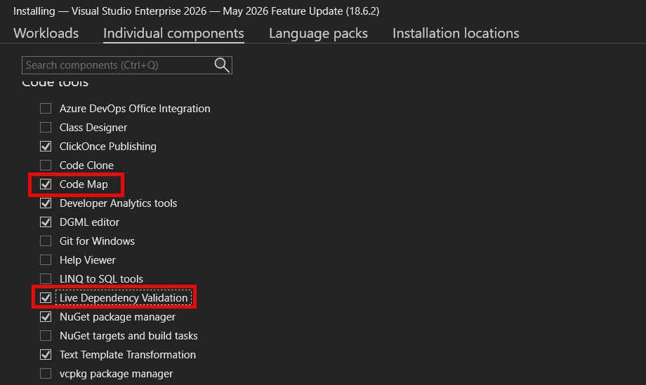Visual Studio Installer에서 코드 맵 및 라이브 종속성 유효성 검사 구성 요소를 보여 주는 스크린샷.