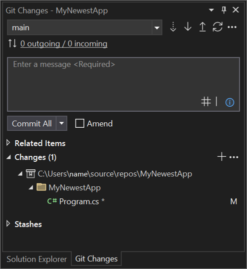 Visual Studio 2022의 Git 변경 내용 창입니다.