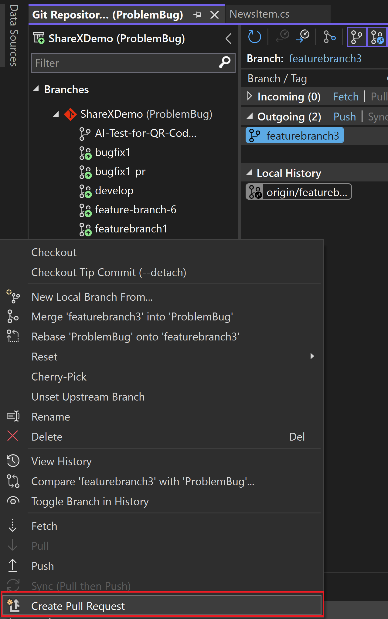 Visual Studio 2022에서 나가는/들어오는 링크 텍스트가 강조 표시된 Git 리포지토리 창입니다.