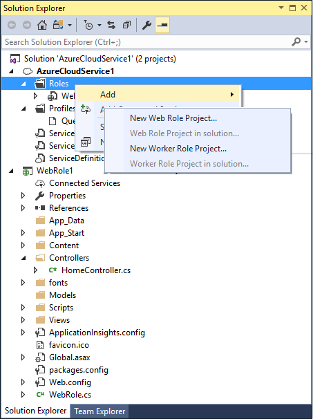 Azure 클라우드 서비스 프로젝트에 역할을 추가하는 메뉴 옵션