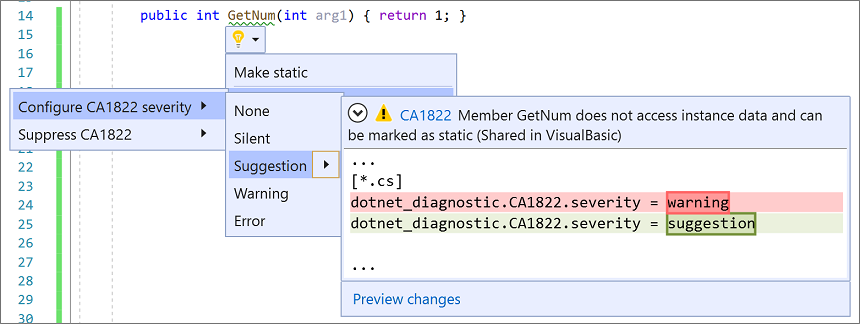 Visual Studio 2019의 메뉴에서 선택한 규칙 심각도를 보여 주는 스크린샷