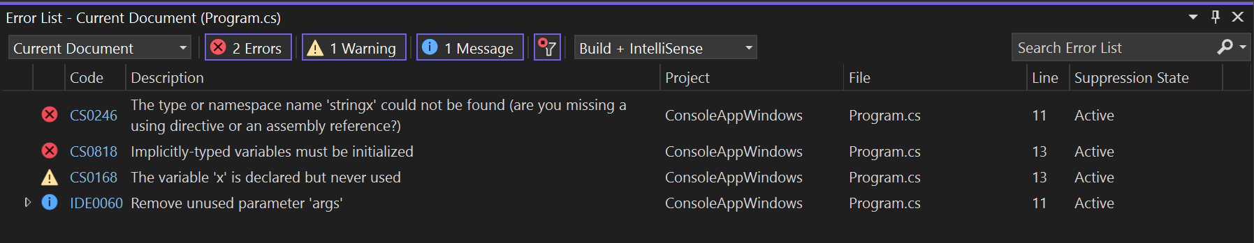 오류 목록 창에서 분석기 위반을 보여 주는 스크린샷