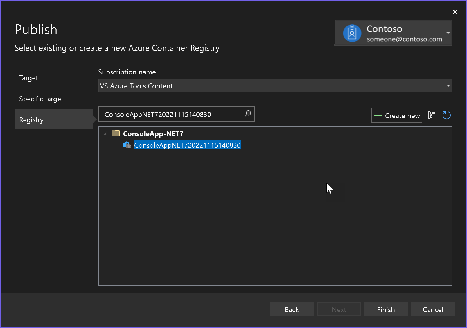 Azure Container Registry를 선택하는 게시 화면의 스크린샷