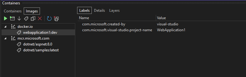 컨테이너 이미지가 있는 컨테이너 창을 보여 주는 스크린샷