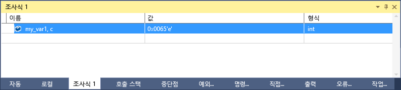 값이 101 'e'이고 int 유형이 있는 my_var1.c를 보여 주는 선택한 줄이 있는 Visual Studio Watch 창의 스크린샷