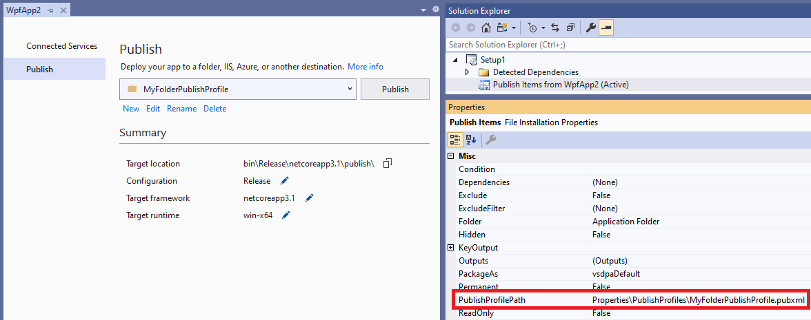 게시 항목 프로젝트 출력 항목에서 게시 프로필 설정을 보여주는 스크린샷.