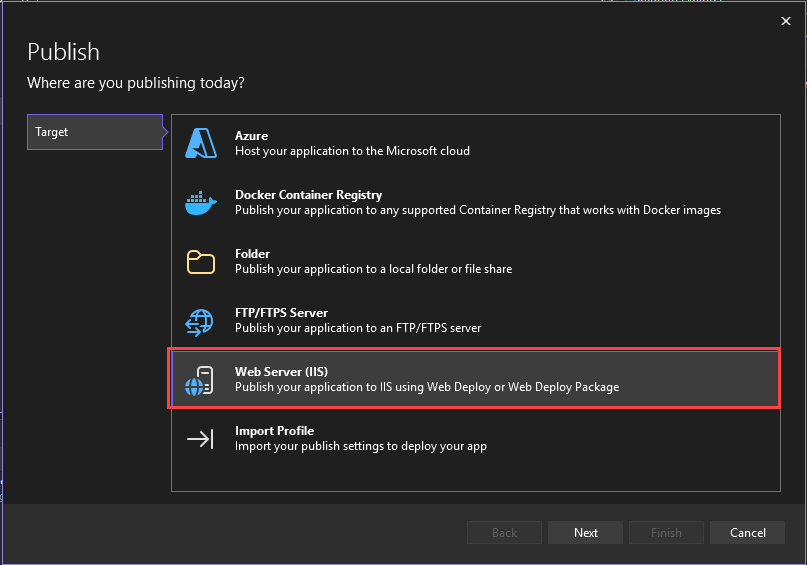 IIS에 게시하는 옵션을 보여 주는 스크린샷
