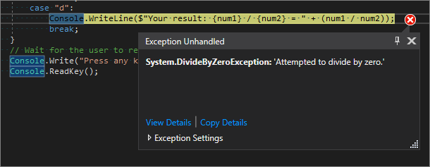 Screenshot of the Visual Studio code editor showing a line highlighted in yellow and an Exception Unhandled error for 'Attempted to divide by zero'.