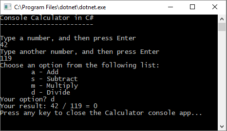 Screenshot of a Console window that shows the Calculator app returning an inexact whole number as a result.