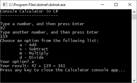 Screenshot of a Console window showing the Calculator app with prompts.