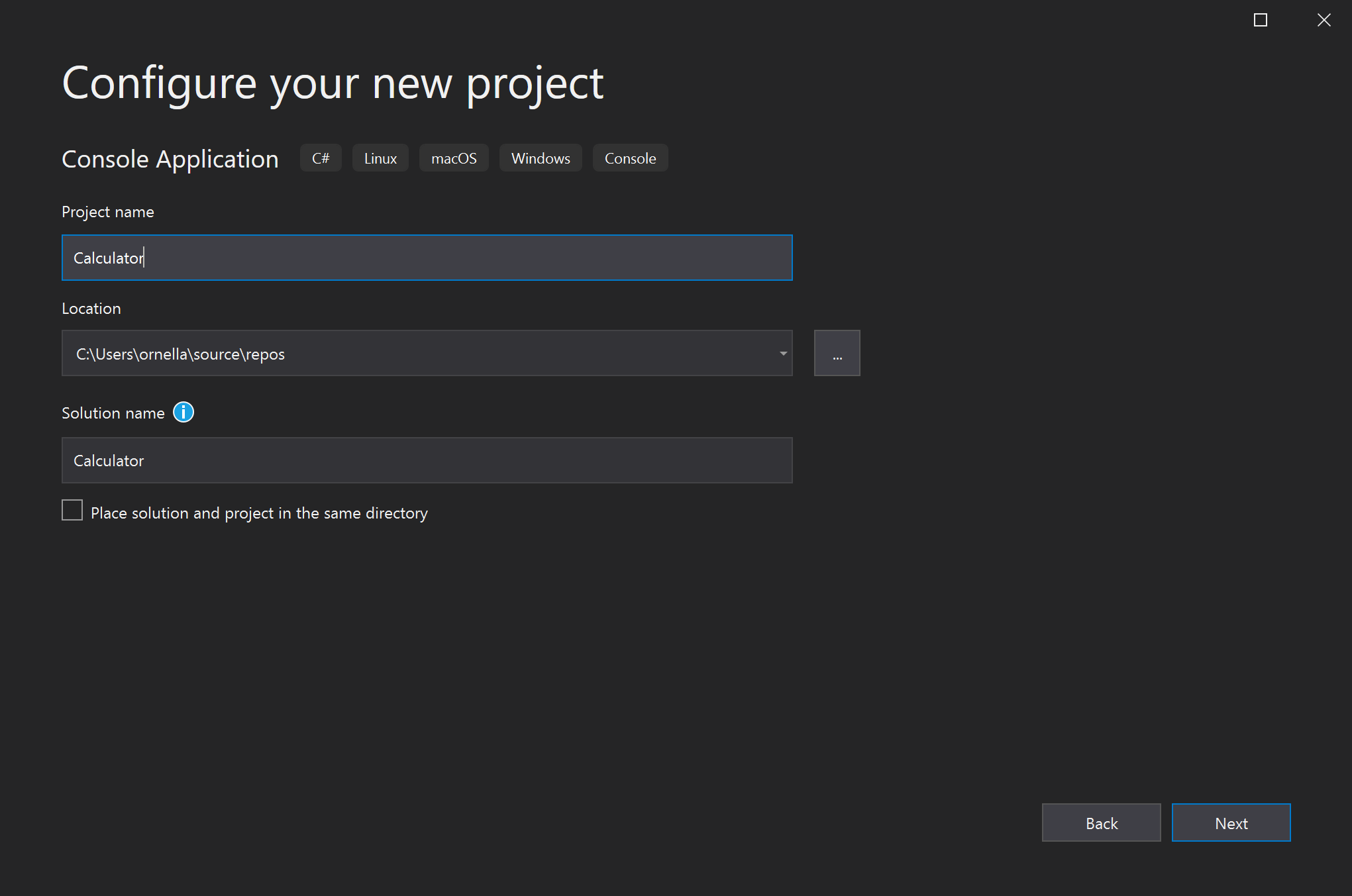 Screenshot that shows how to name your project 'Calculator' in the 'Configure your new project' window in Visual Studio.