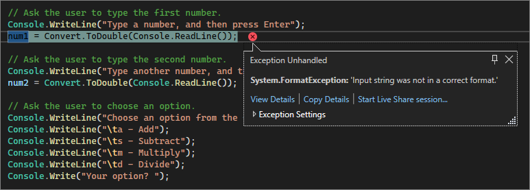 Visual Studio 코드 편집기에서 처리되지 않은 형식 오류를 보여 주는 스크린샷.