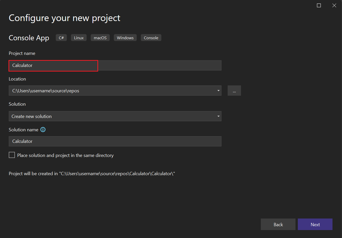 Screenshot that shows how to name your project 'Calculator' in the 'Configure your new project' window in Visual Studio.