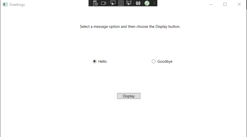TextBlock, RadioButton, Button 컨트롤이 표시된 Greetings 창 스크린샷. 'Hello' 라디오 단추가 선택되어 있습니다.