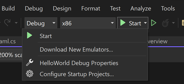 '로컬 컴퓨터'가 선택된 재생 단추 옆에 열려 있는 드롭다운 상자를 보여 주는 스크린샷.
