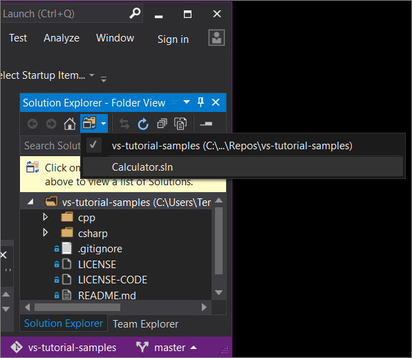 Visual Studio 2019 버전 16.7 이전의 솔루션 탐색기 드롭다운 목록 스크린샷.