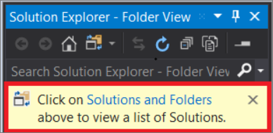 Visual Studio 2019 버전 16.7 이전에서 팀 탐색기의 ‘솔루션 및 폴더’ 알림 스크린샷.