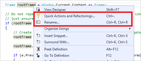 Visual Studio에서의 리팩터링을 보여 주는 스크린샷.