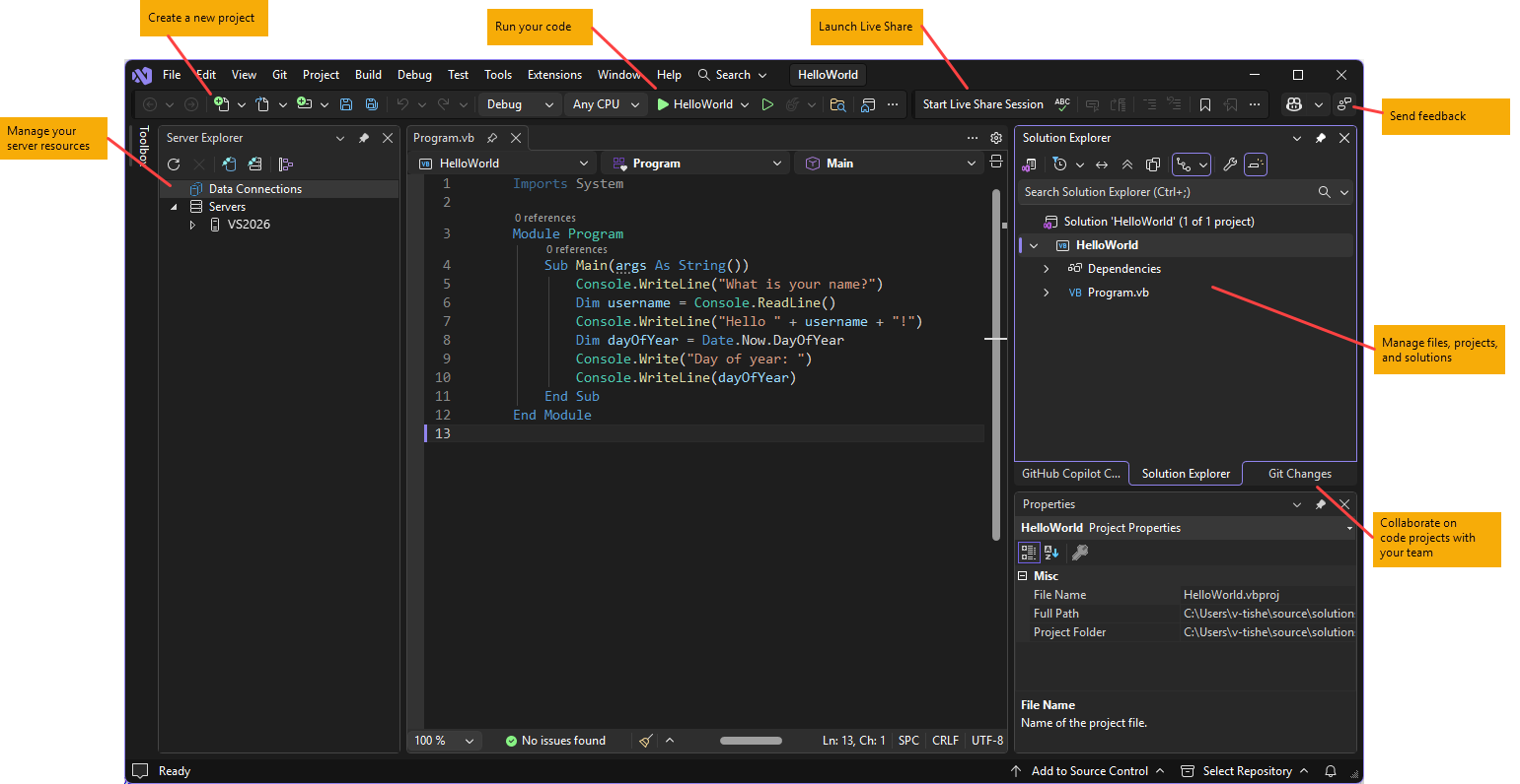 Visual Basic 코드 및 키 기능이 있는 Visual Studio IDE 스크린샷.