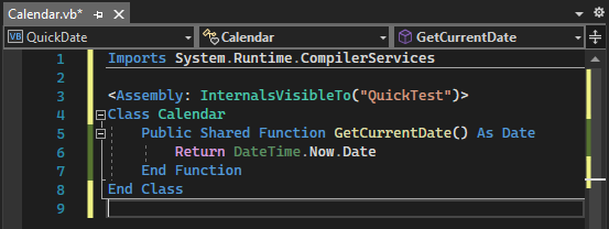 Imports 문 및 어셈블리 특성 줄이 추가된 후 Visual Basic 코드 편집기 창에서 Calendar.vb 대한 코드를 보여 주는 스크린샷