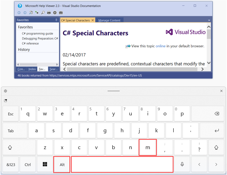 Screenshot of Help Viewer and an on-screen keyboard. The Alt and M keys and the Spacebar are called out.