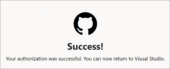Visual Studio에 GitHub 계정을 연결한 후 표시되는 성공 알림 스크린샷