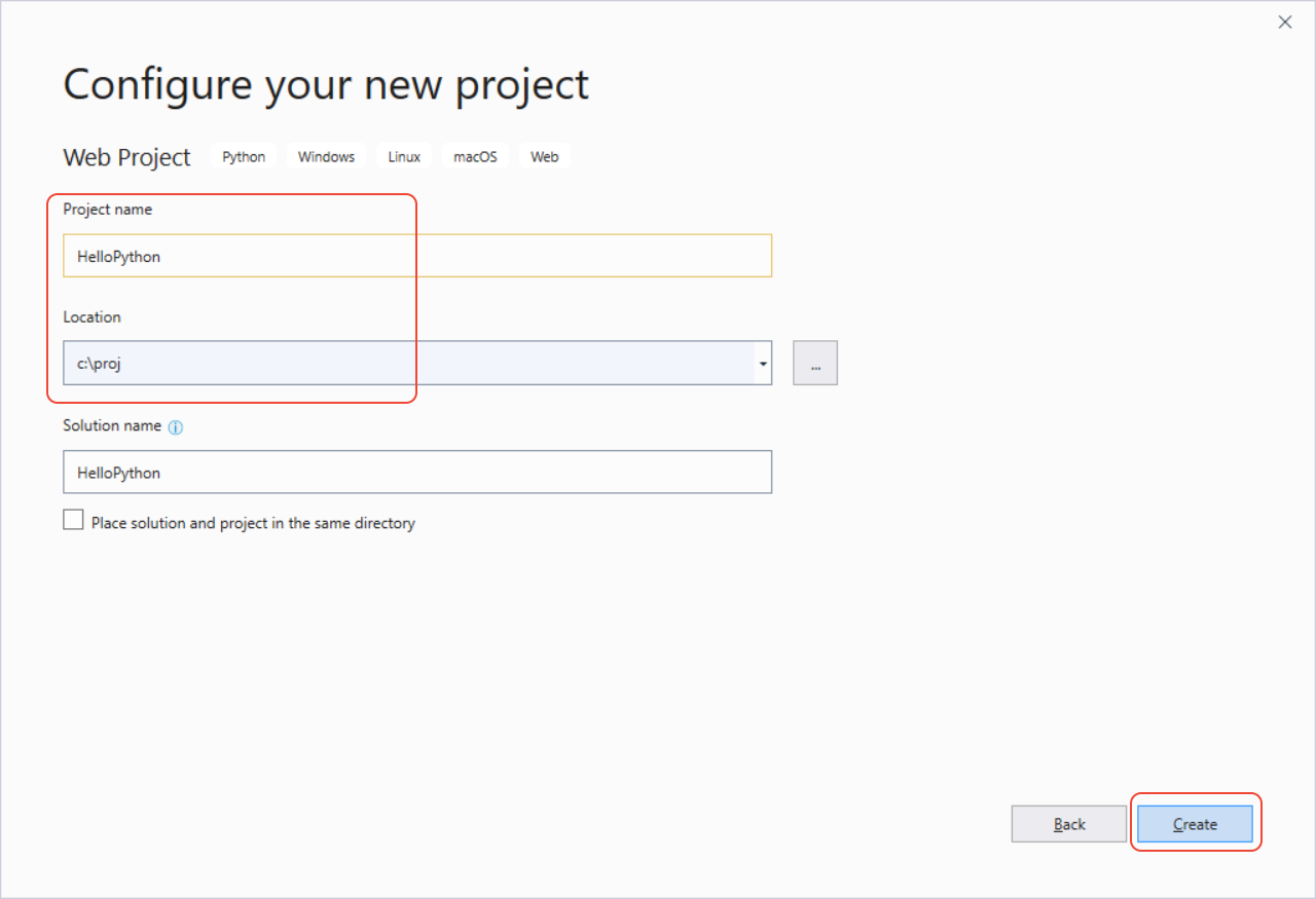 Visual Studio 2019에서 새 Python 웹 프로젝트에 대한 설정을 구성하는 방법을 보여 주는 스크린샷