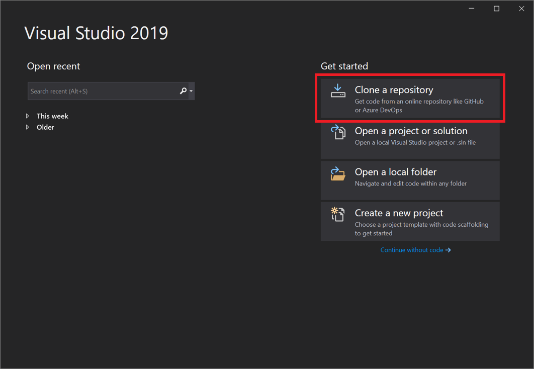 Visual Studio 2019 버전 16.8 이상의 리포지토리 복제 대화 상자 스크린샷