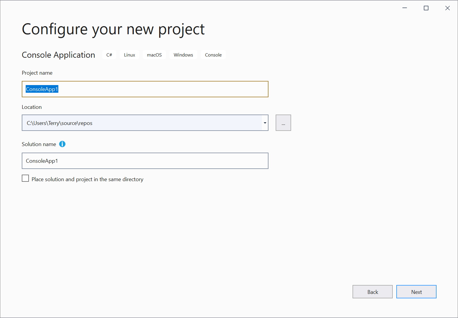 프로젝트 이름을 입력하는 Visual Studio 2019의 '새 프로젝트 구성' 창 스크린샷입니다.