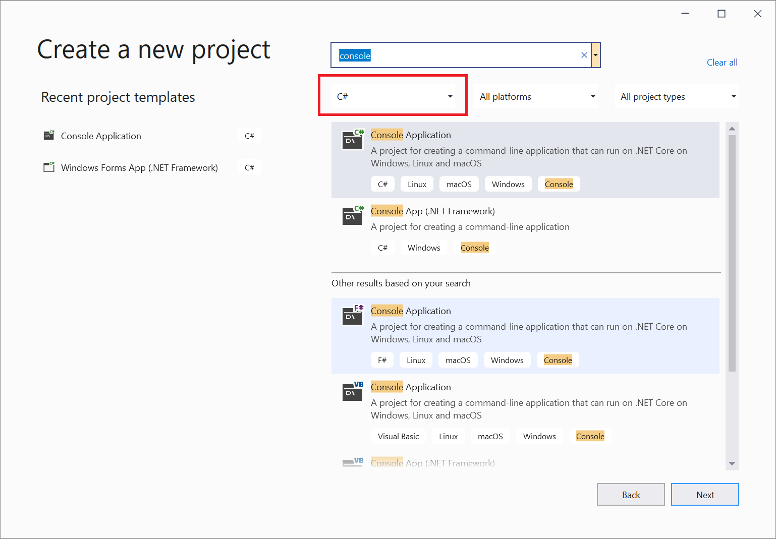 원하는 템플릿을 선택할 수 있는 Visual Studio 2019의 '새 프로젝트 만들기' 창의 스크린샷입니다.