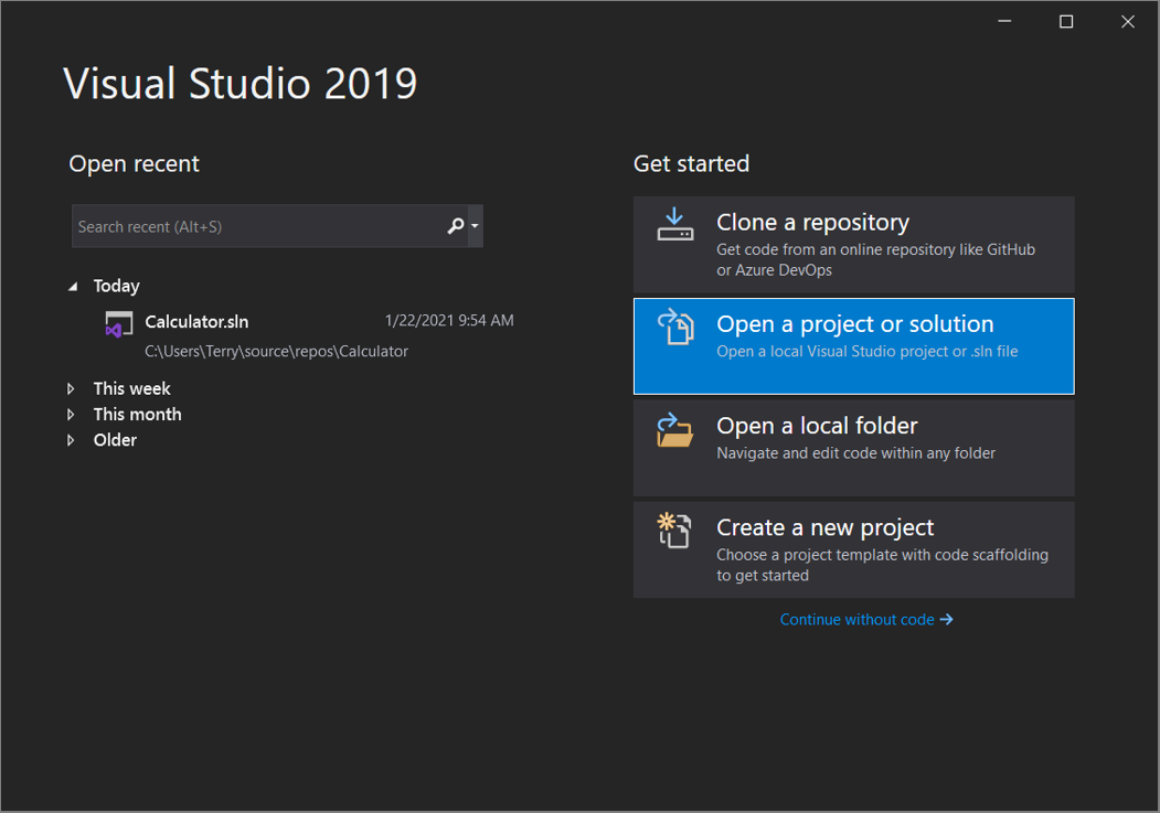 Visual Studio 2019 버전 16.8 이상의 ‘프로젝트 또는 솔루션 열기’ 창 스크린샷.