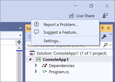 Visual Studio 2019의 사용자 의견 보내기 메뉴 스크린샷