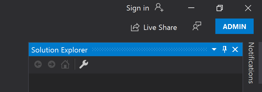 Visual Studio 창의 오른쪽 위 모서리에 있는 ADMIN을 보여 주는 스크린샷