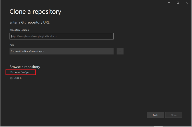 Azure DevOps가 강조 표시된 Visual Studio에 있는 '리포지토리 복제 ' 대화 상자의 '리포지토리 찾아보기' 섹션의 스크린샷.