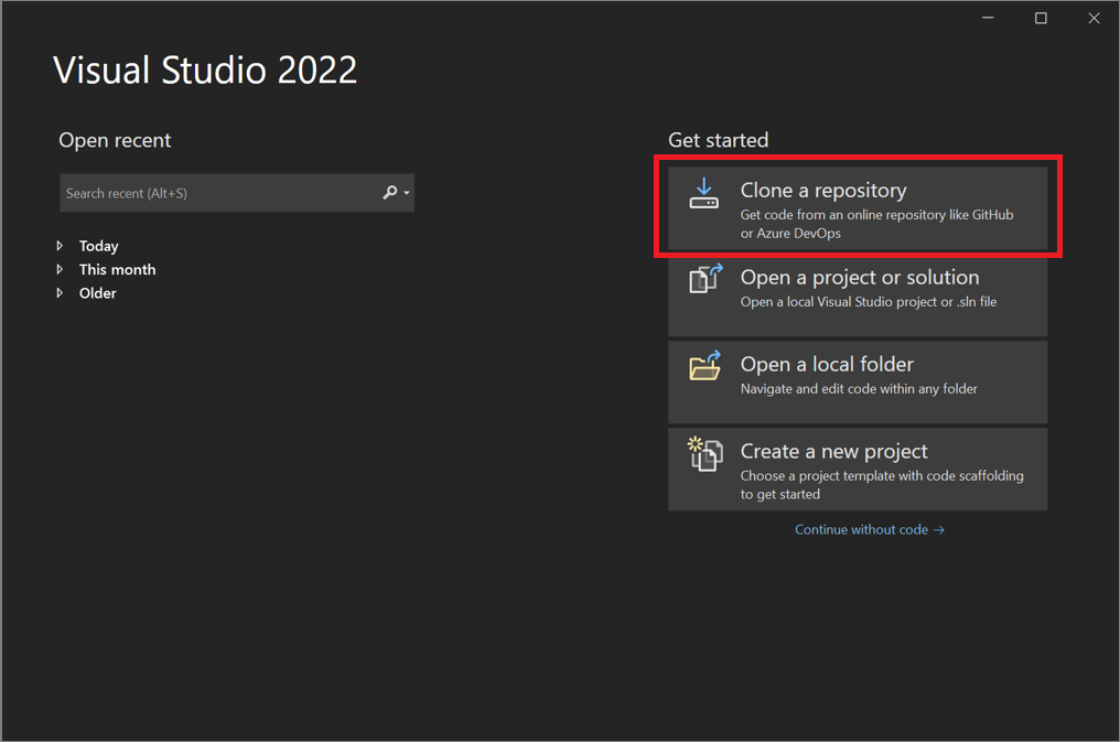 Visual Studio의 리포지토리 복제 대화 상자 스크린샷.