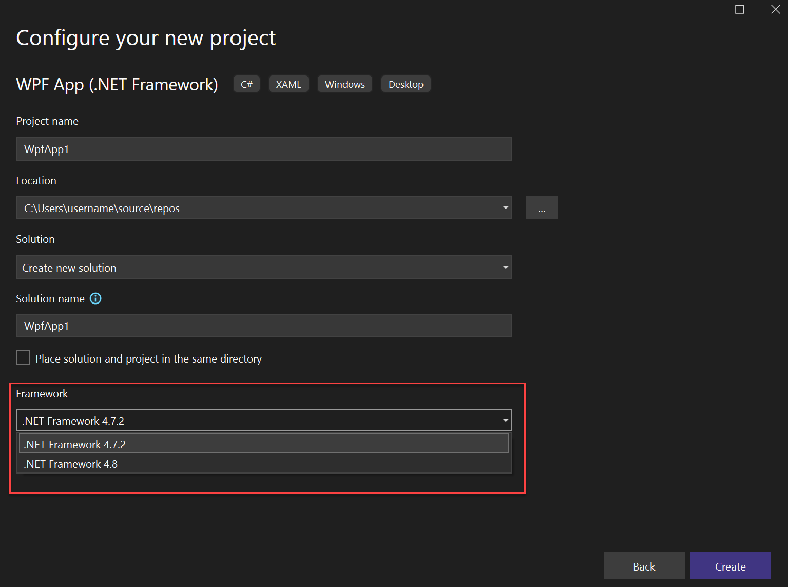 Screenshot of the Framework selector in the 'Configure new project' dialog box.