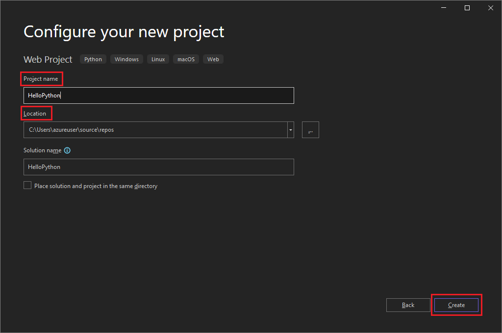 Visual Studio 2022에서 새 Python 웹 프로젝트에 대한 설정을 구성하는 방법을 보여 주는 스크린샷