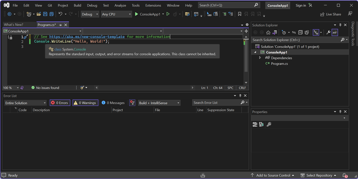 Visual Studio 2022의 편집기 스크린샷