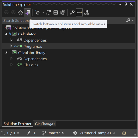 Visual Studio 2022에서 보기 전환 단추가 강조 표시되고 솔루션 탐색기에 열려 있는 Git의 프로젝트 스크린샷.