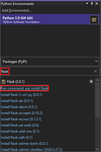 Visual Studio 2022에서 pip 설치를 사용하여 Flask 라이브러리를 설치하는 방법을 보여 주는 스크린샷