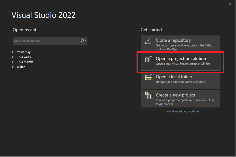 Visual Studio 2022의 ‘프로젝트 또는 솔루션 열기’ 창의 스크린샷.