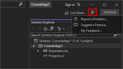 Visual Studio 2022의 사용자 의견 보내기 단추 및 메뉴 스크린샷