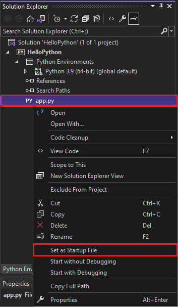 Visual Studio 2022의 솔루션 탐색기에서 프로젝트의 시작 파일을 설정하는 방법을 보여 주는 스크린샷