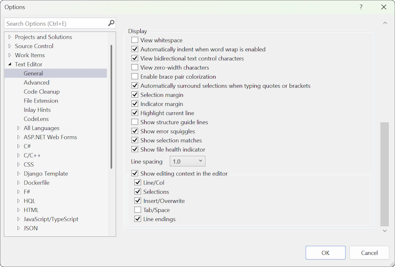 도구 옵션 대화 상자의 텍스트 편집기 표시 설정 스크린샷