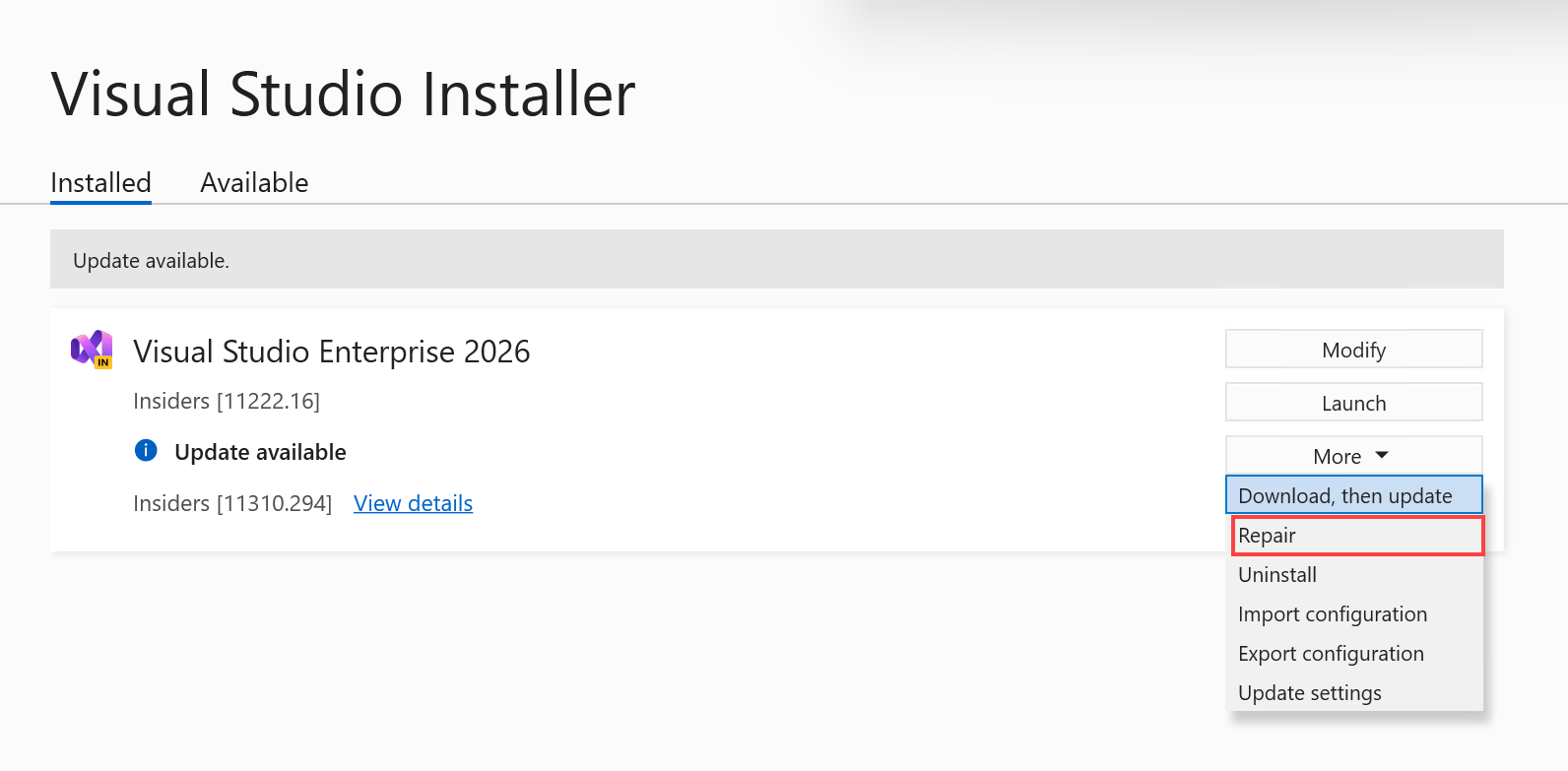 Visual Studio 설치 관리자의 추가 드롭다운 메뉴에 있는 복구 옵션을 보여 주는 스크린샷