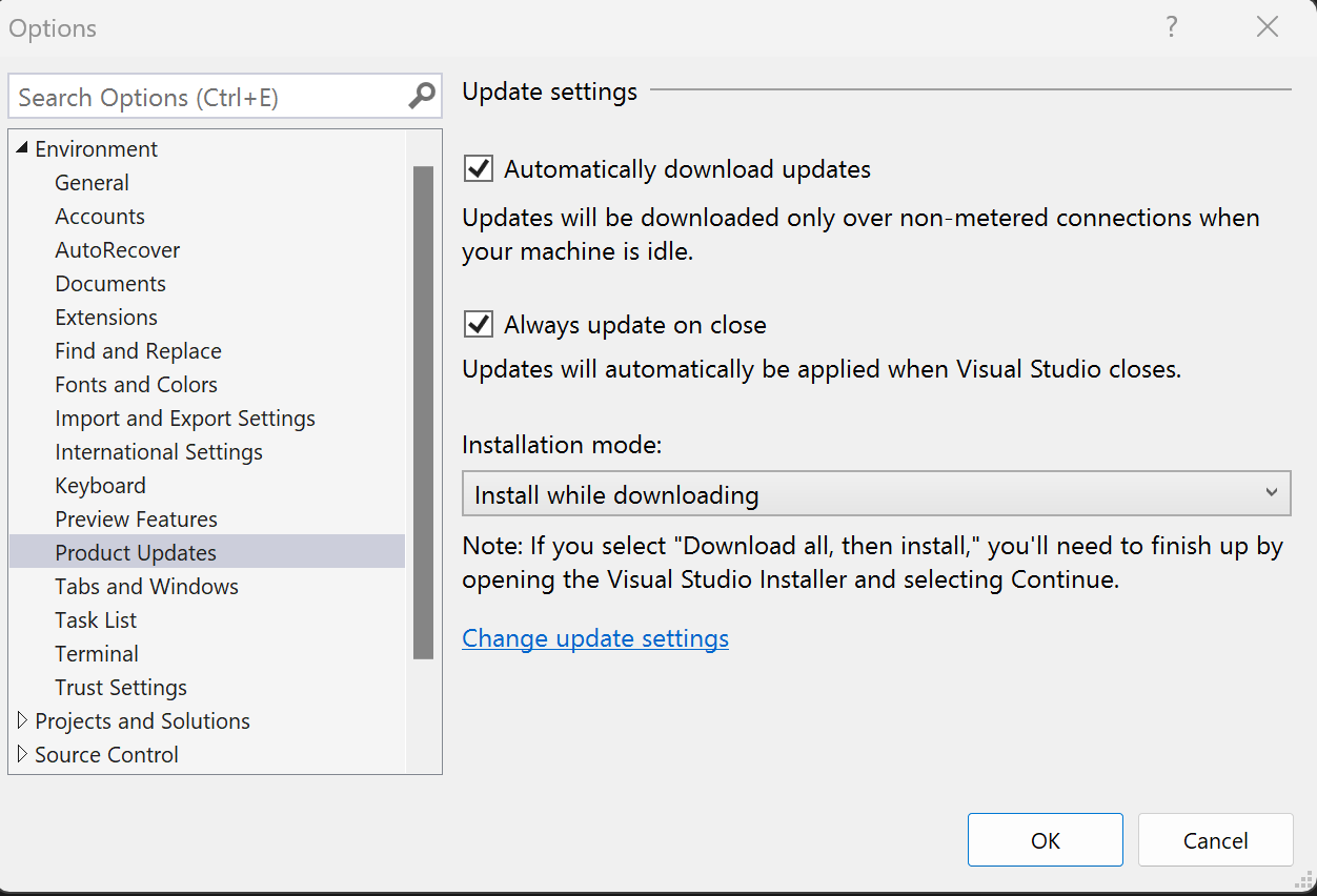 Visual Studio IDE 옵션 창의 업데이트 설정 스크린샷