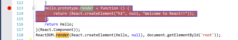 Visual Studio 코드 창 스크린샷.  return 문이 선택되었고 왼쪽 여백의 빨간색 점은 중단점이 설정되었음을 나타냅니다.