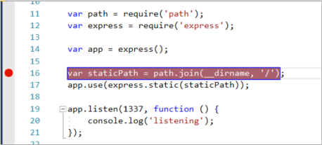 JavaScript 코드를 나타내는 Visual Studio 코드 창의 스크린샷. 왼쪽 여백의 빨간색 점은 중단점이 설정되었음을 나타냅니다.